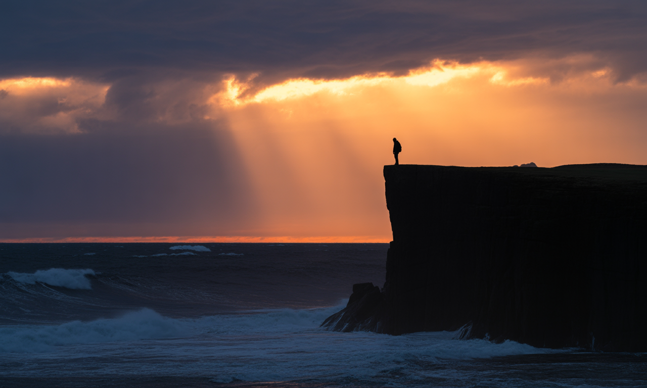 Silhueta de uma pessoa em um penhasco ao pôr do sol